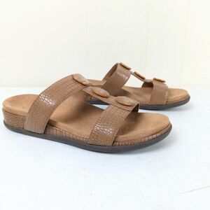 Vionic Serra T-Strap Sandals 7 Wide Camel Tan Croc Embossed Faux Leather Slide